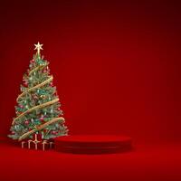Christmas red podium background for product display with Christmas tree and gifts, 3d rendering illustration. photo