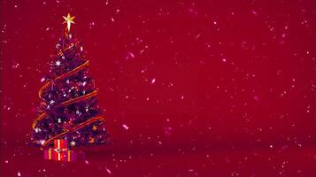 Christmas background with watercolor concept. Christmas tree decorated with gift boxes and ornaments on burgundy backdrop with snow and copy space, 3d rendering illustration. photo