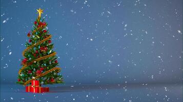 Christmas background with watercolor concept. Christmas tree decorated with gift boxes and ornaments on gray backdrop with snow and copy space, 3d rendering illustration. photo