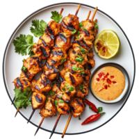 Delicious Chicken Satay Skewers with Peanut Sauce for Your Next Party or Gathering on transparent background png
