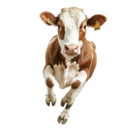 A brown and white cow is jumping up in the air png