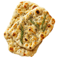 Freshly baked garlic naan with herbs on a plate isolated transparent png