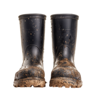 Mud covered rubber boots after a rainy day isolated transparent png
