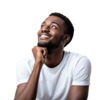 Young man smiling and thinking in a bright setting isolated transparent png