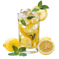 Refreshing lemon mint beverage with ice and slices isolated transparent png