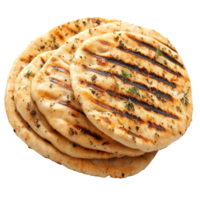 Grilled flatbreads with herbs on a rustic plate isolated transparent png
