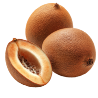 Three fresh sapote fruits on a white background isolated transparent png