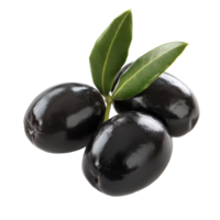 Black olives with leaves, white bg isolated transparent png