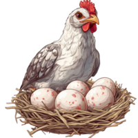 Chicken sitting on eggs in a cozy nest at dawn isolated transparent png