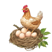 Hen standing proudly over eggs in a nest isolated transparent png