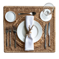 Elegant table setting with dinnerware and utensils isolated transparent png