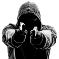 Hooded figure with guns in pose isolated transparent png