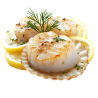 Grilled scallops served with lemon and herbs isolated transparent png