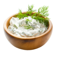 Fresh herb dip in a wooden bowl with dill garnish isolated transparent png