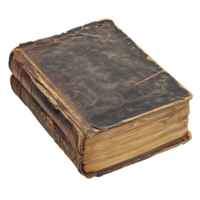 Old leather bound book resting on a wooden surface transparent png