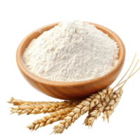 Flour in a wooden bowl with wheat stalks beside it transparent png