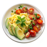 Eggs, tomatoes, and avocado on a plate png