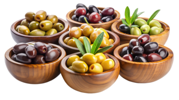 Olives in wooden bowls at market png