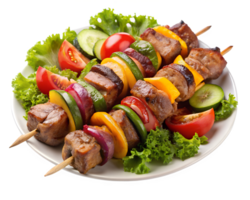 Grilled meat and vegetable skewers on a plate png