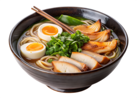 Ramen bowl with toppings and chopsticks png