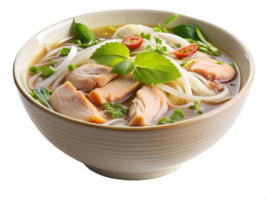 Delicious bowl of chicken pho with herbs and lime png
