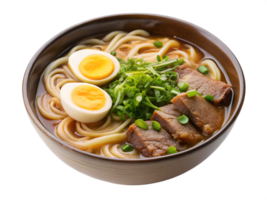 Savory noodle bowl with beef and soft boiled eggs png