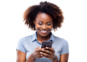 Woman smiling while using smartphone at home png