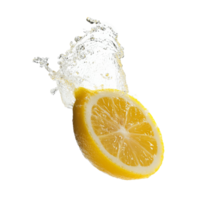 Fresh lemon slice splashing into clear water png