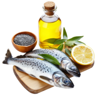 Fish with lemon and oil on wood board png