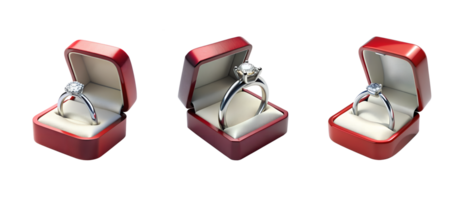 Elegant rings displayed in red velvet boxes png