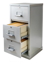 Metal filing cabinet with open drawers and folders png