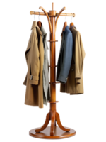 Wooden coat rack with coats displayed in a hallway png