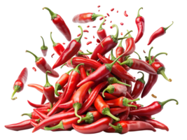 Dynamic red chili peppers flying png
