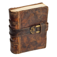 Leather bound journal resting on a wooden surface png