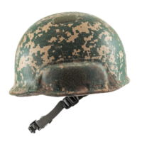 Military helmet with camouflage pattern on display png