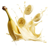 Banana splashing into a creamy mixture with slices png