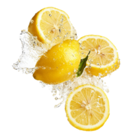 Fresh lemons splashing in clear water with slices png
