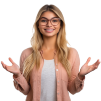 Young woman smiling and gesturing with open hands png