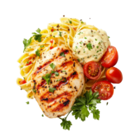 Grilled chicken pasta with tomato salad png