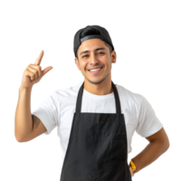 Young man in a black apron smiling and pointing png