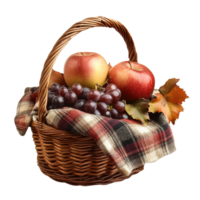 A woven basket filled with apples and grapes png