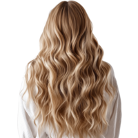 Woman with long wavy hair in a white robe indoors png