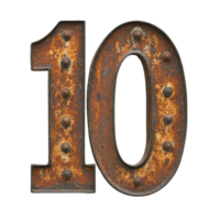 Old rusted metal number ten with rivets displayed png