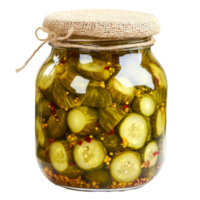 Homemade dill pickles in a glass jar on display png