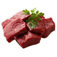 Freshly cut cubes of beef with parsley garnish png