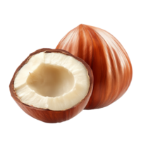 Whole and halved hazelnuts on a white background png