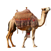 Camel with saddle prepared for ride in desert png
