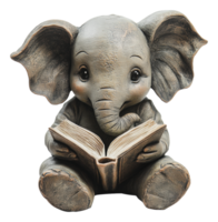 Adorable elephant statue reading a book indoors png
