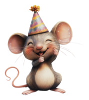 Happy cartoon mouse celebrating with a party hat png