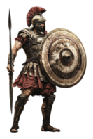 Ancient warrior in full armor poses with shield png